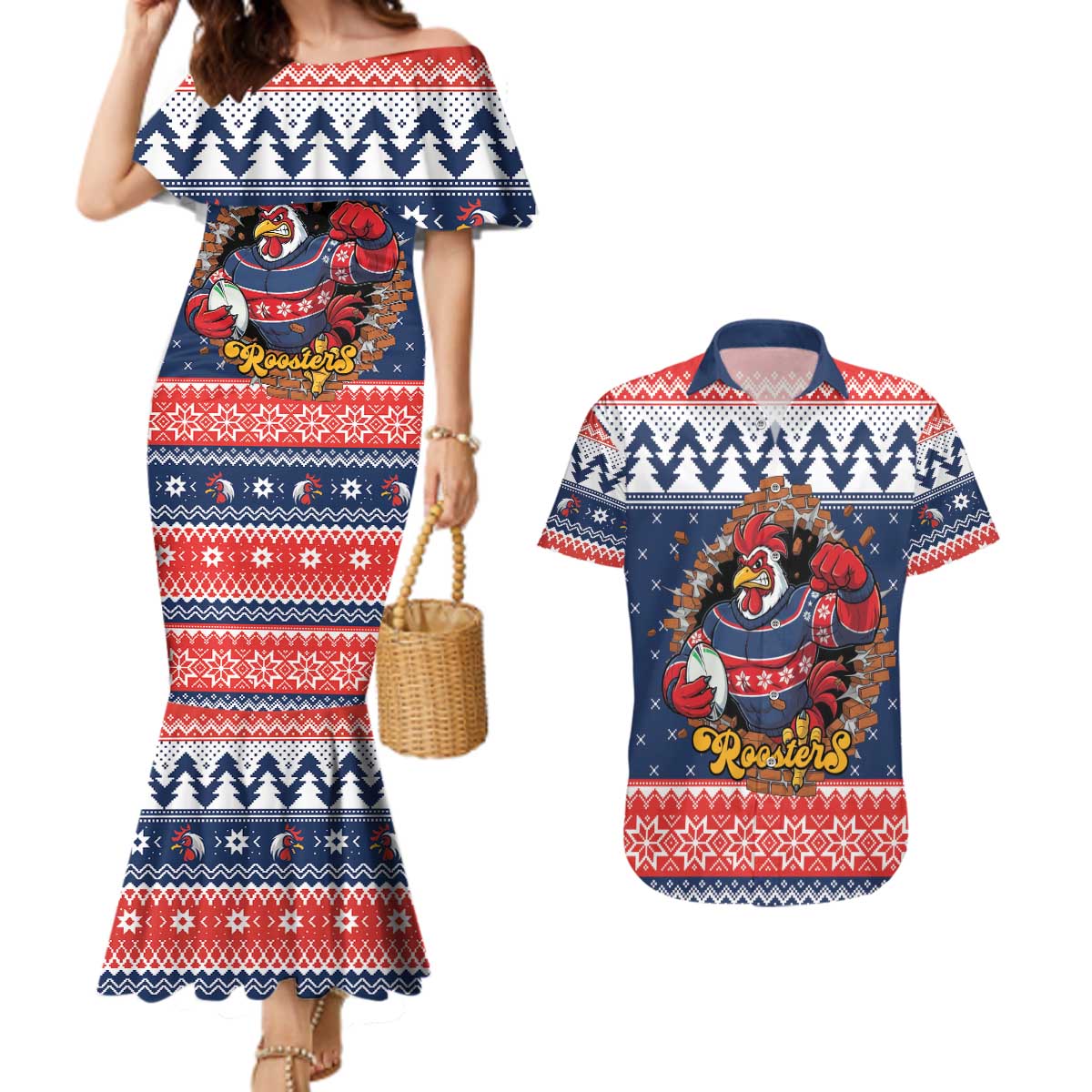 Roosters Xmas Glory Personalised Couples Matching Mermaid Dress and Hawaiian Shirt Christmas Rugby League Spirit - Aussie Hoodie