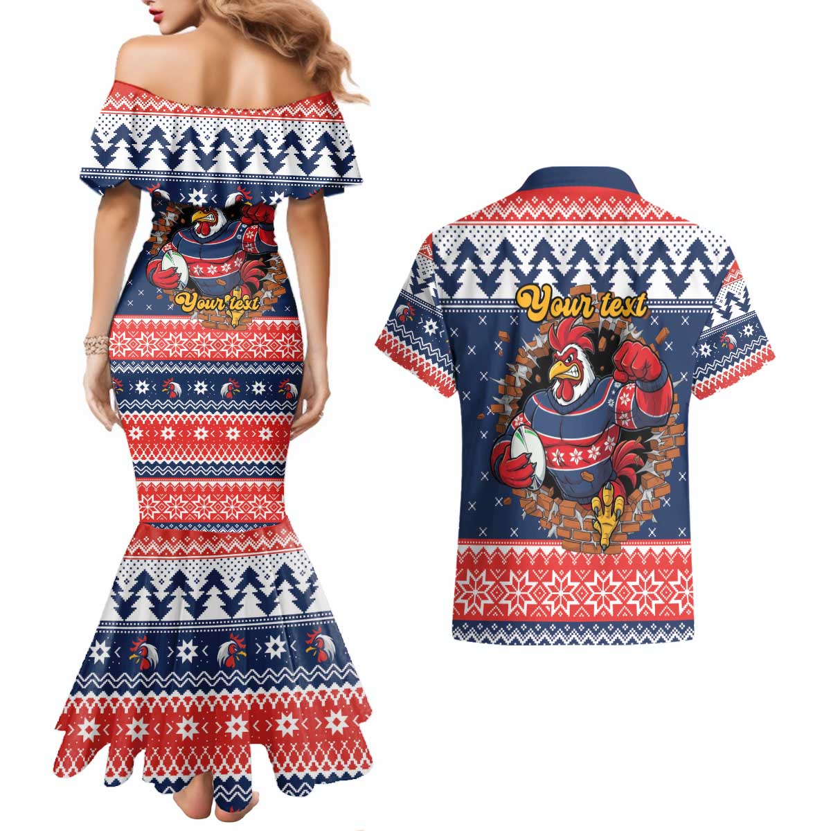 Roosters Xmas Glory Personalised Couples Matching Mermaid Dress and Hawaiian Shirt Christmas Rugby League Spirit - Aussie Hoodie