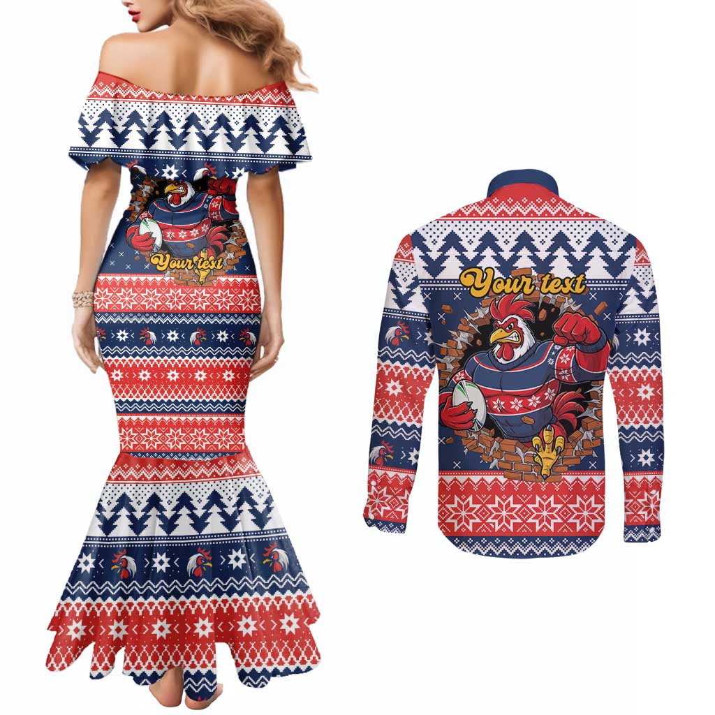 Roosters Xmas Glory Personalised Couples Matching Mermaid Dress and Long Sleeve Button Shirt Christmas Rugby League Spirit - Aussie Hoodie