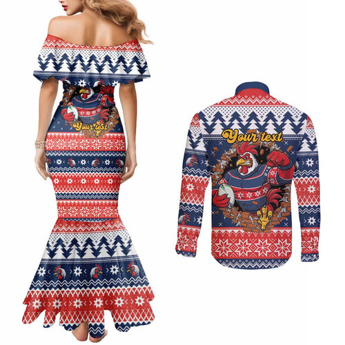 Roosters Xmas Glory Personalised Couples Matching Mermaid Dress and Long Sleeve Button Shirt Christmas Rugby League Spirit - Aussie Hoodie