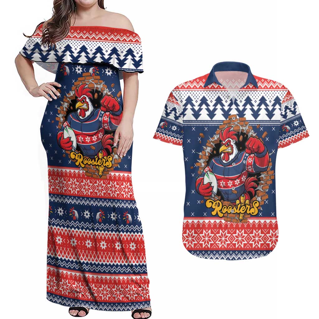Roosters Xmas Glory Personalised Couples Matching Off Shoulder Maxi Dress and Hawaiian Shirt Christmas Rugby League Spirit - Aussie Hoodie