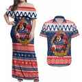 Roosters Xmas Glory Personalised Couples Matching Off Shoulder Maxi Dress and Hawaiian Shirt Christmas Rugby League Spirit - Aussie Hoodie