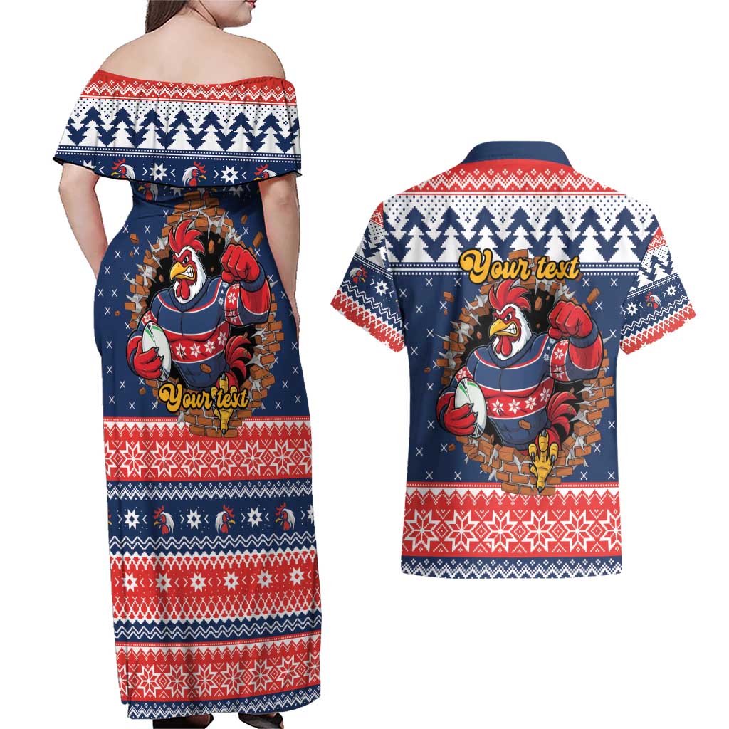 Roosters Xmas Glory Personalised Couples Matching Off Shoulder Maxi Dress and Hawaiian Shirt Christmas Rugby League Spirit - Aussie Hoodie