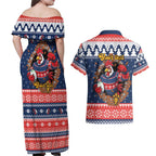 Roosters Xmas Glory Personalised Couples Matching Off Shoulder Maxi Dress and Hawaiian Shirt Christmas Rugby League Spirit - Aussie Hoodie