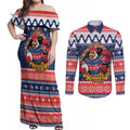 Roosters Xmas Glory Personalised Couples Matching Off Shoulder Maxi Dress and Long Sleeve Button Shirt Christmas Rugby League Spirit - Aussie Hoodie