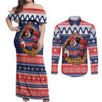 Roosters Xmas Glory Personalised Couples Matching Off Shoulder Maxi Dress and Long Sleeve Button Shirt Christmas Rugby League Spirit - Aussie Hoodie