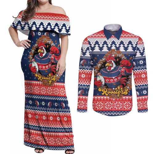 Roosters Xmas Glory Personalised Couples Matching Off Shoulder Maxi Dress and Long Sleeve Button Shirt Christmas Rugby League Spirit - Aussie Hoodie