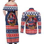 Roosters Xmas Glory Personalised Couples Matching Off Shoulder Maxi Dress and Long Sleeve Button Shirt Christmas Rugby League Spirit - Aussie Hoodie