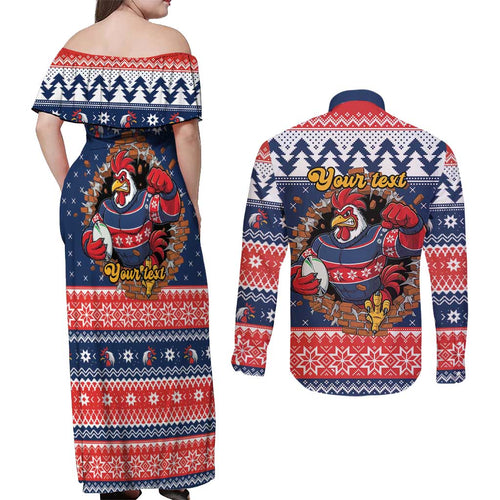 Roosters Xmas Glory Personalised Couples Matching Off Shoulder Maxi Dress and Long Sleeve Button Shirt Christmas Rugby League Spirit - Aussie Hoodie