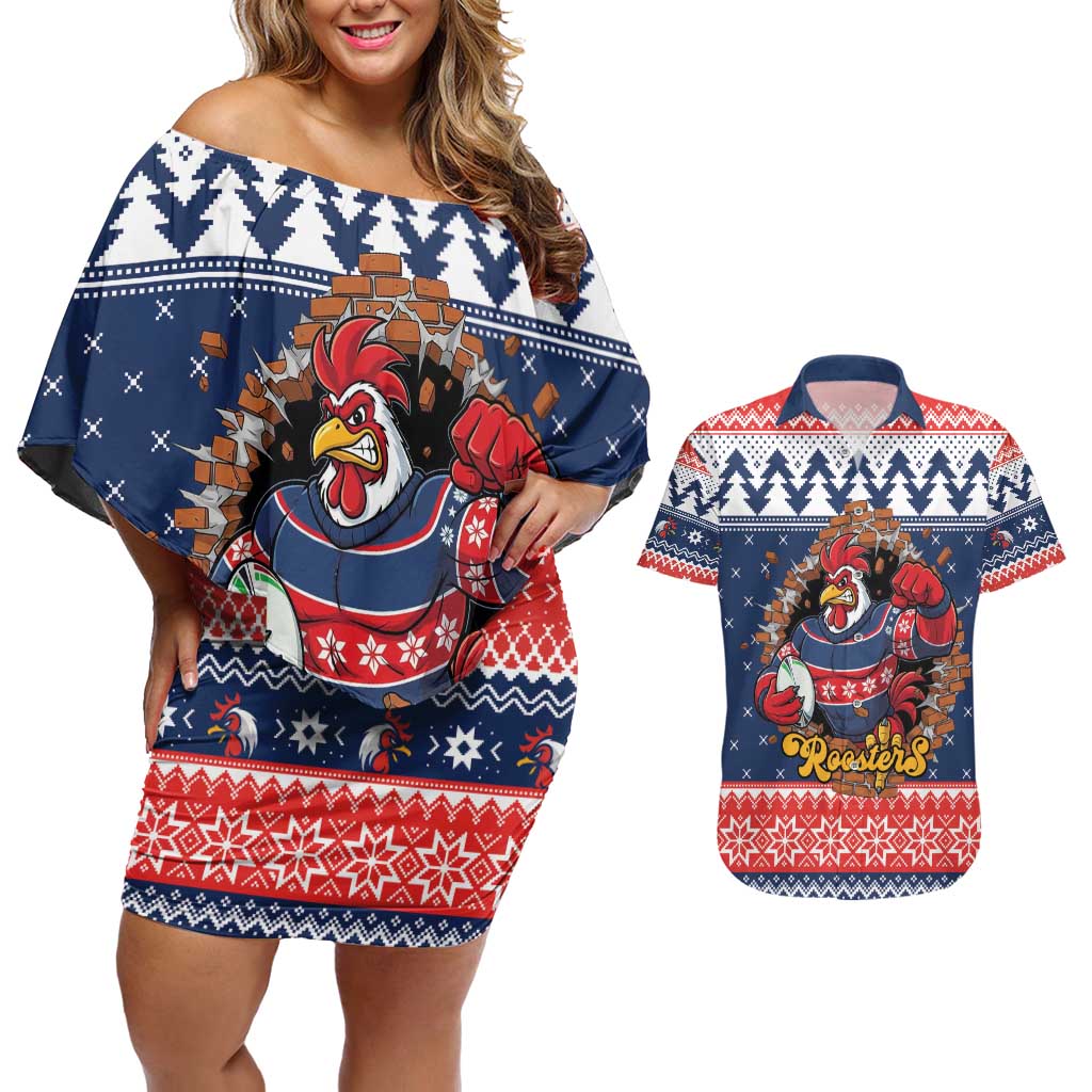 Roosters Xmas Glory Personalised Couples Matching Off Shoulder Short Dress and Hawaiian Shirt Christmas Rugby League Spirit - Aussie Hoodie