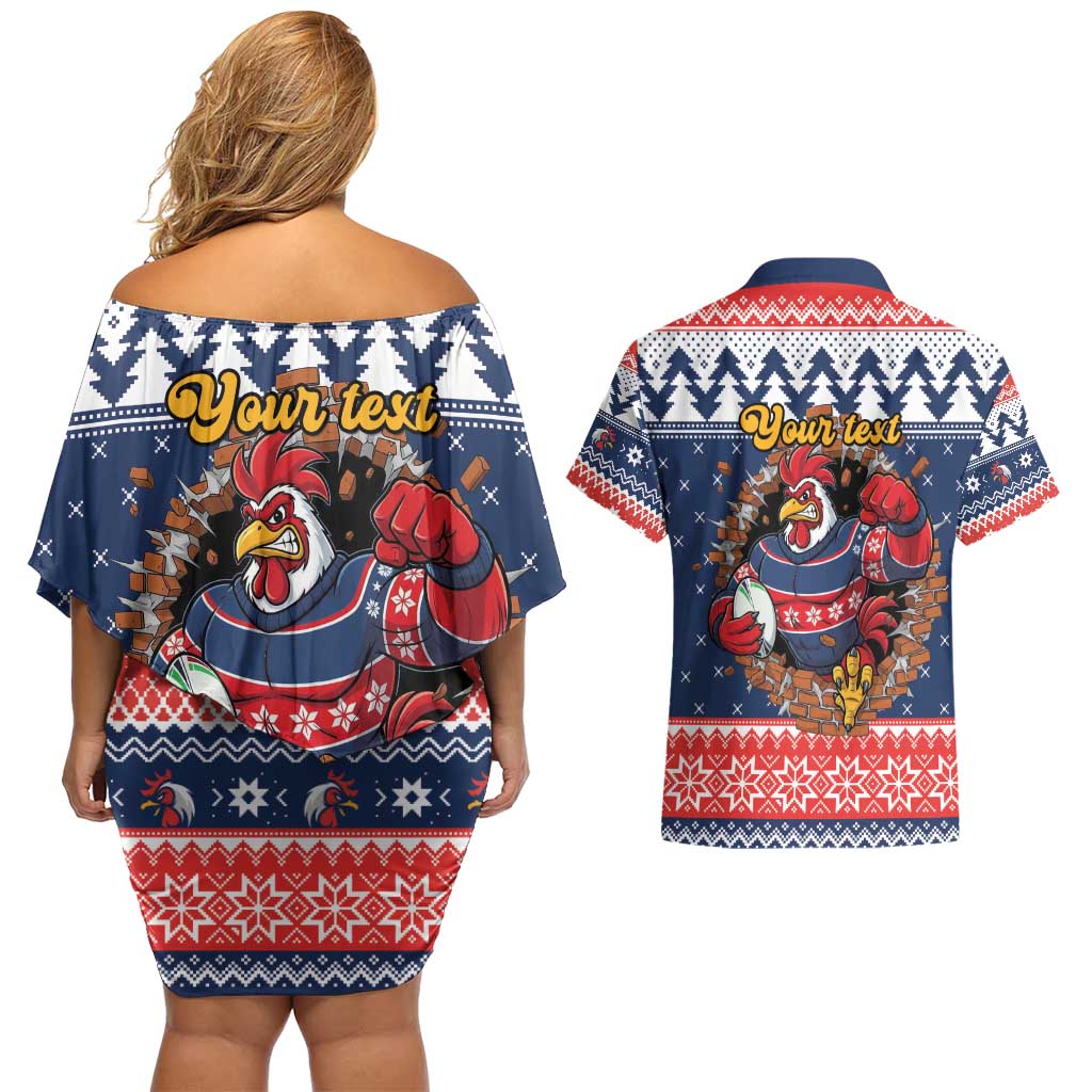 Roosters Xmas Glory Personalised Couples Matching Off Shoulder Short Dress and Hawaiian Shirt Christmas Rugby League Spirit - Aussie Hoodie
