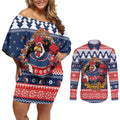 Roosters Xmas Glory Personalised Couples Matching Off Shoulder Short Dress and Long Sleeve Button Shirt Christmas Rugby League Spirit - Aussie Hoodie
