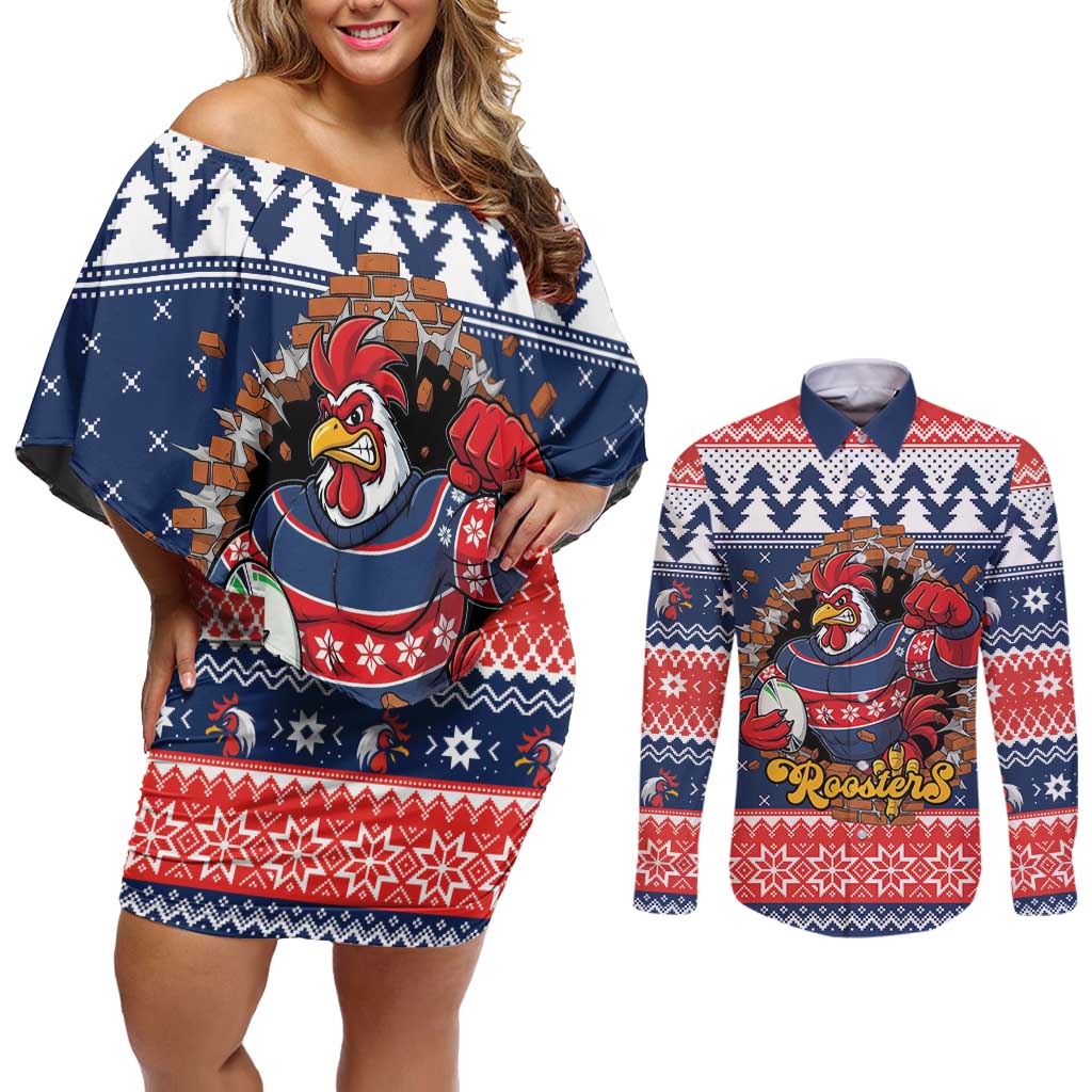 Roosters Xmas Glory Personalised Couples Matching Off Shoulder Short Dress and Long Sleeve Button Shirt Christmas Rugby League Spirit - Aussie Hoodie