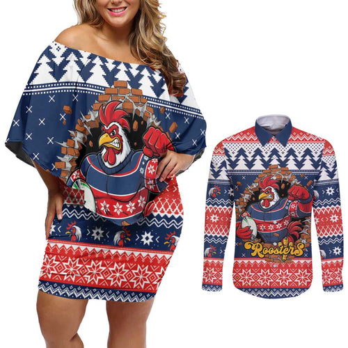 Roosters Xmas Glory Personalised Couples Matching Off Shoulder Short Dress and Long Sleeve Button Shirt Christmas Rugby League Spirit - Aussie Hoodie