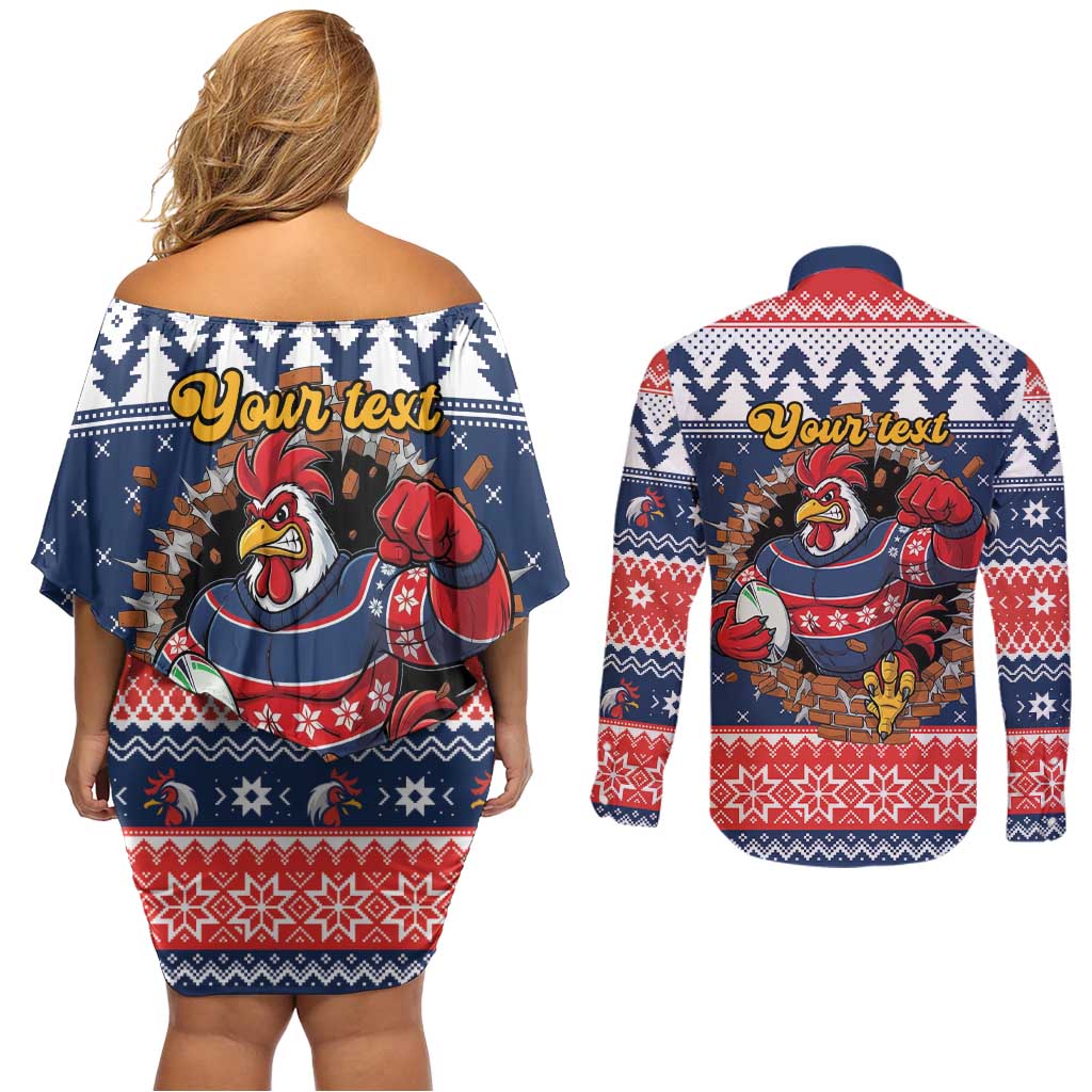 Roosters Xmas Glory Personalised Couples Matching Off Shoulder Short Dress and Long Sleeve Button Shirt Christmas Rugby League Spirit - Aussie Hoodie