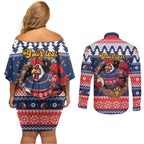 Roosters Xmas Glory Personalised Couples Matching Off Shoulder Short Dress and Long Sleeve Button Shirt Christmas Rugby League Spirit - Aussie Hoodie