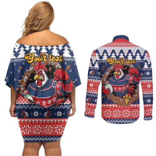 Roosters Xmas Glory Personalised Couples Matching Off Shoulder Short Dress and Long Sleeve Button Shirt Christmas Rugby League Spirit - Aussie Hoodie