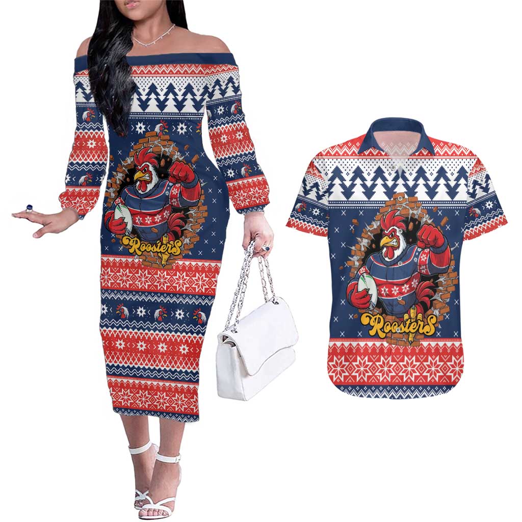 Roosters Xmas Glory Personalised Couples Matching Off The Shoulder Long Sleeve Dress and Hawaiian Shirt Christmas Rugby League Spirit - Aussie Hoodie