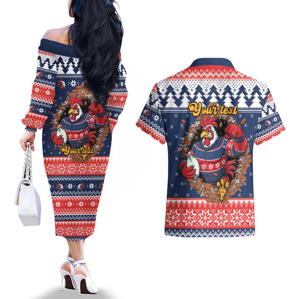 Roosters Xmas Glory Personalised Couples Matching Off The Shoulder Long Sleeve Dress and Hawaiian Shirt Christmas Rugby League Spirit - Aussie Hoodie