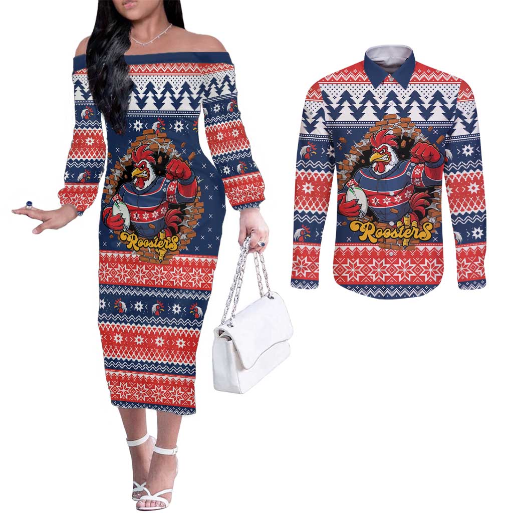 Roosters Xmas Glory Personalised Couples Matching Off The Shoulder Long Sleeve Dress and Long Sleeve Button Shirt Christmas Rugby League Spirit - Aussie Hoodie