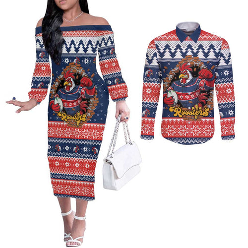 Roosters Xmas Glory Personalised Couples Matching Off The Shoulder Long Sleeve Dress and Long Sleeve Button Shirt Christmas Rugby League Spirit - Aussie Hoodie