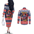Roosters Xmas Glory Personalised Couples Matching Off The Shoulder Long Sleeve Dress and Long Sleeve Button Shirt Christmas Rugby League Spirit - Aussie Hoodie