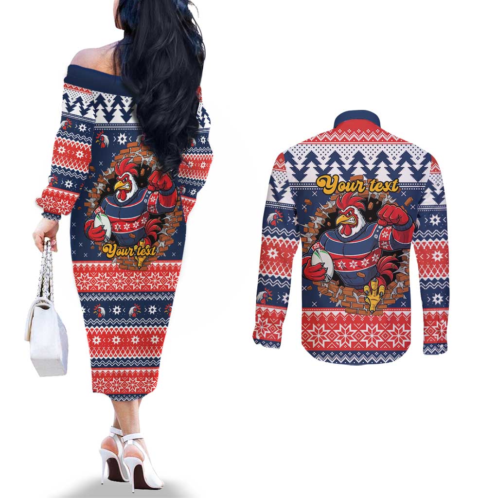 Roosters Xmas Glory Personalised Couples Matching Off The Shoulder Long Sleeve Dress and Long Sleeve Button Shirt Christmas Rugby League Spirit - Aussie Hoodie