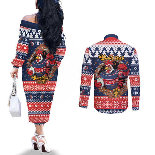Roosters Xmas Glory Personalised Couples Matching Off The Shoulder Long Sleeve Dress and Long Sleeve Button Shirt Christmas Rugby League Spirit - Aussie Hoodie
