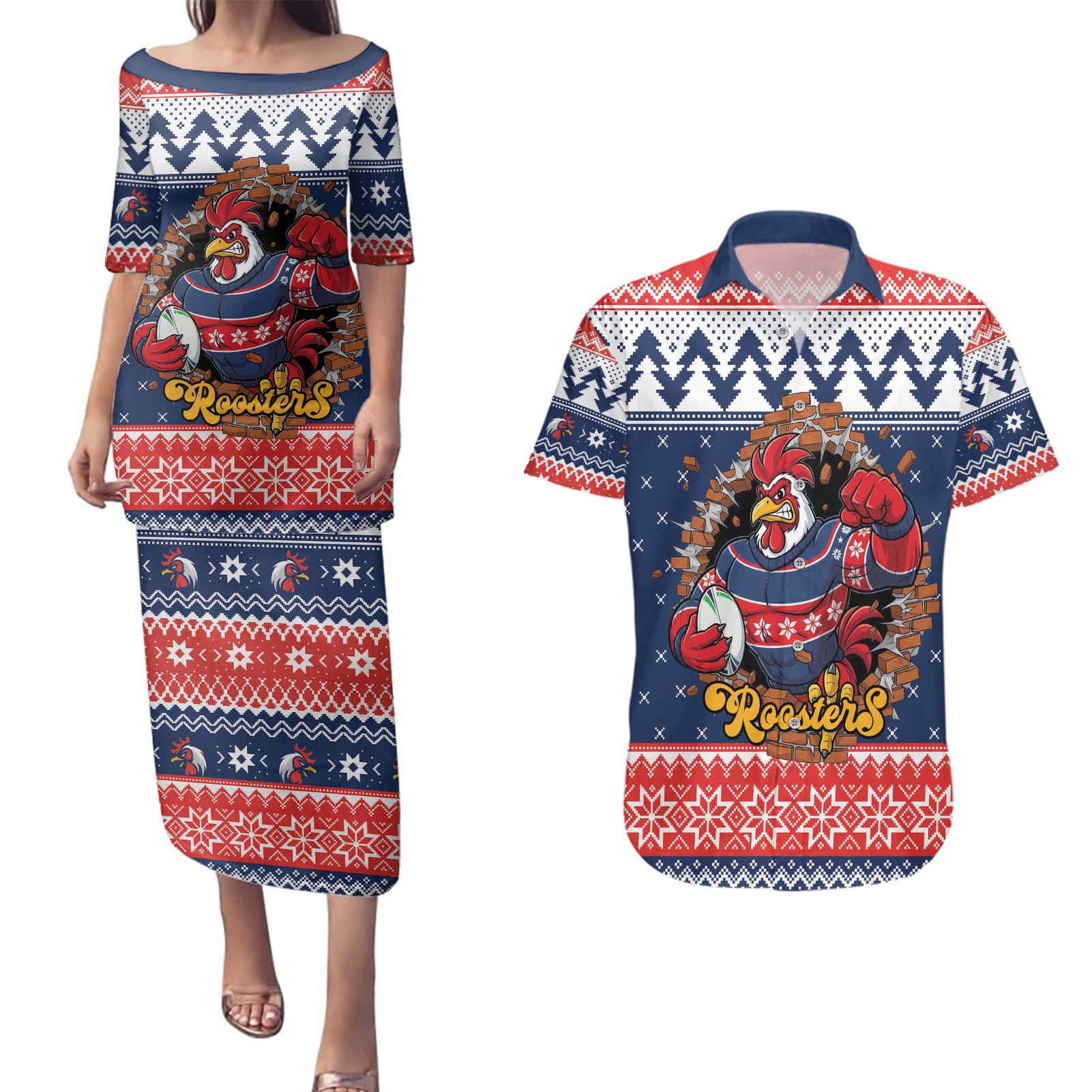 Roosters Xmas Glory Personalised Couples Matching Puletasi and Hawaiian Shirt Christmas Rugby League Spirit - Aussie Hoodie