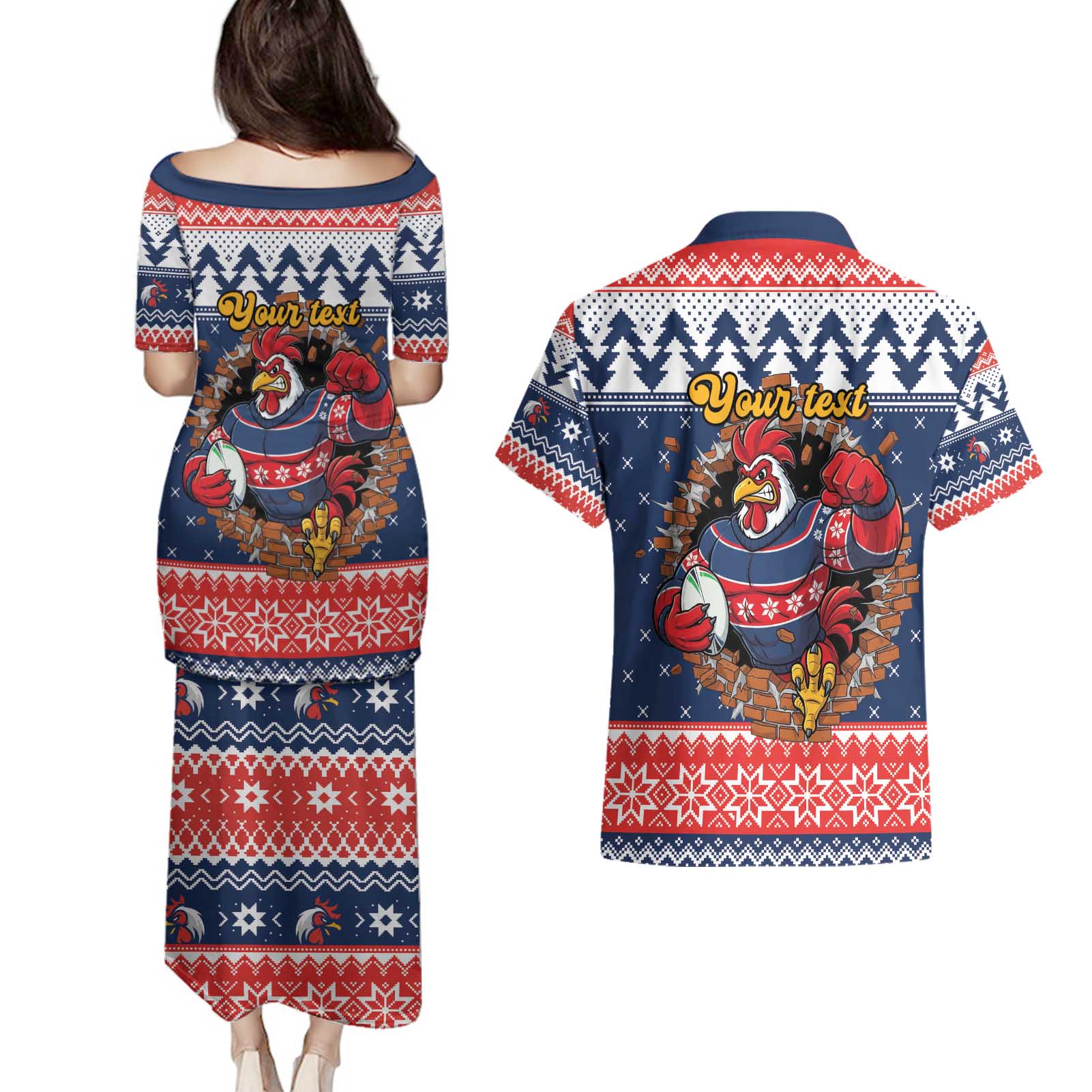 Roosters Xmas Glory Personalised Couples Matching Puletasi and Hawaiian Shirt Christmas Rugby League Spirit - Aussie Hoodie