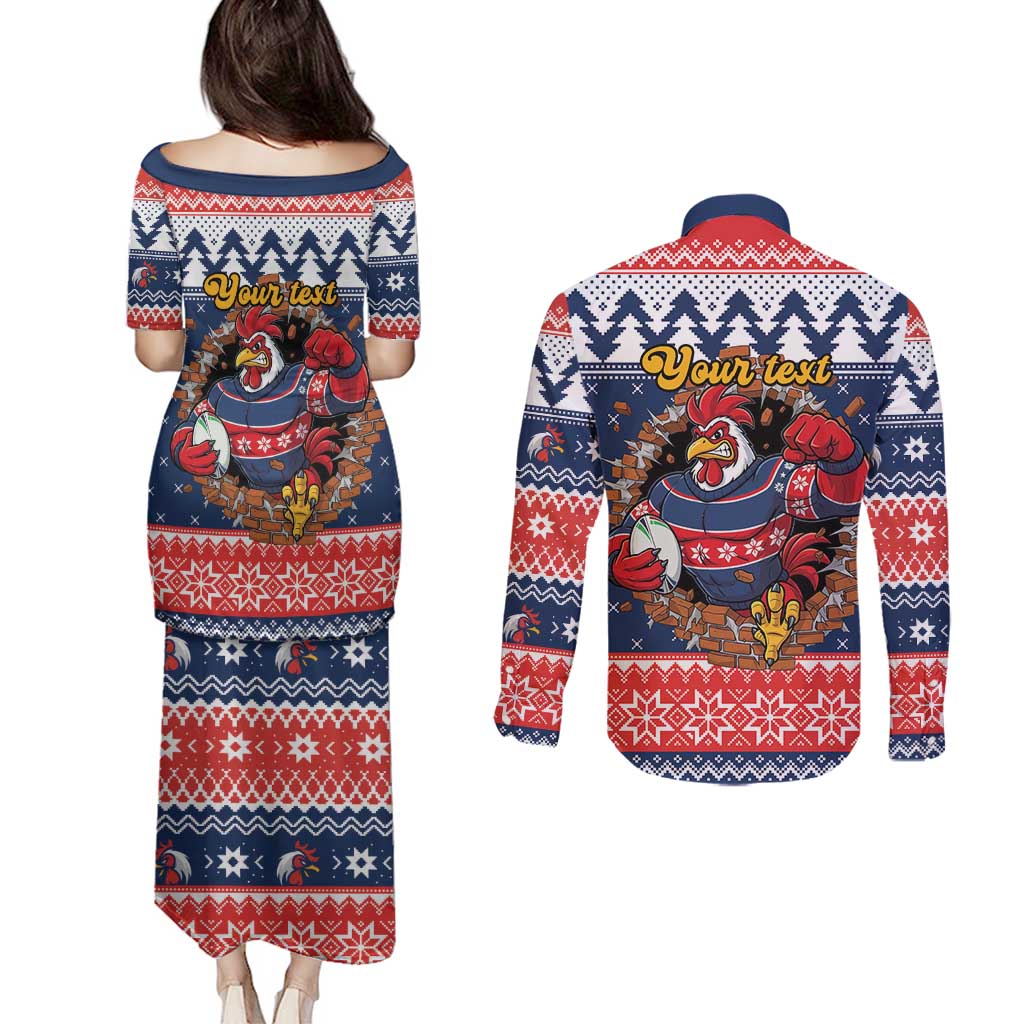 Roosters Xmas Glory Personalised Couples Matching Puletasi and Long Sleeve Button Shirt Christmas Rugby League Spirit - Aussie Hoodie