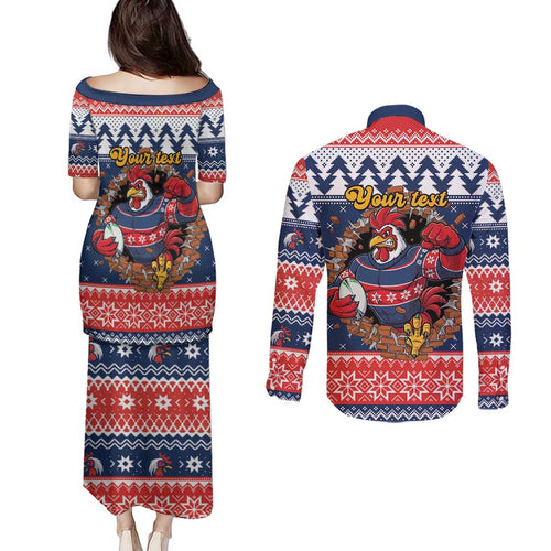 Roosters Xmas Glory Personalised Couples Matching Puletasi and Long Sleeve Button Shirt Christmas Rugby League Spirit - Aussie Hoodie