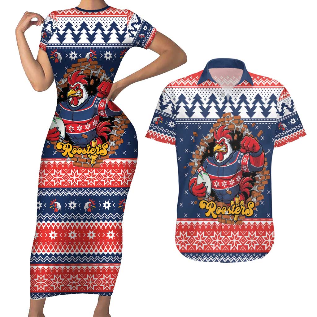 Roosters Xmas Glory Personalised Couples Matching Short Sleeve Bodycon Dress and Hawaiian Shirt Christmas Rugby League Spirit - Aussie Hoodie