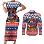 Roosters Xmas Glory Personalised Couples Matching Short Sleeve Bodycon Dress and Long Sleeve Button Shirt Christmas Rugby League Spirit - Aussie Hoodie