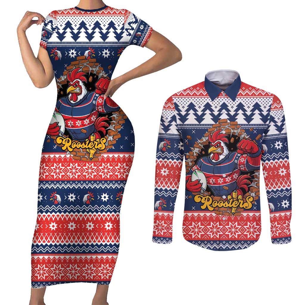 Roosters Xmas Glory Personalised Couples Matching Short Sleeve Bodycon Dress and Long Sleeve Button Shirt Christmas Rugby League Spirit - Aussie Hoodie