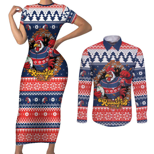 Roosters Xmas Glory Personalised Couples Matching Short Sleeve Bodycon Dress and Long Sleeve Button Shirt Christmas Rugby League Spirit - Aussie Hoodie