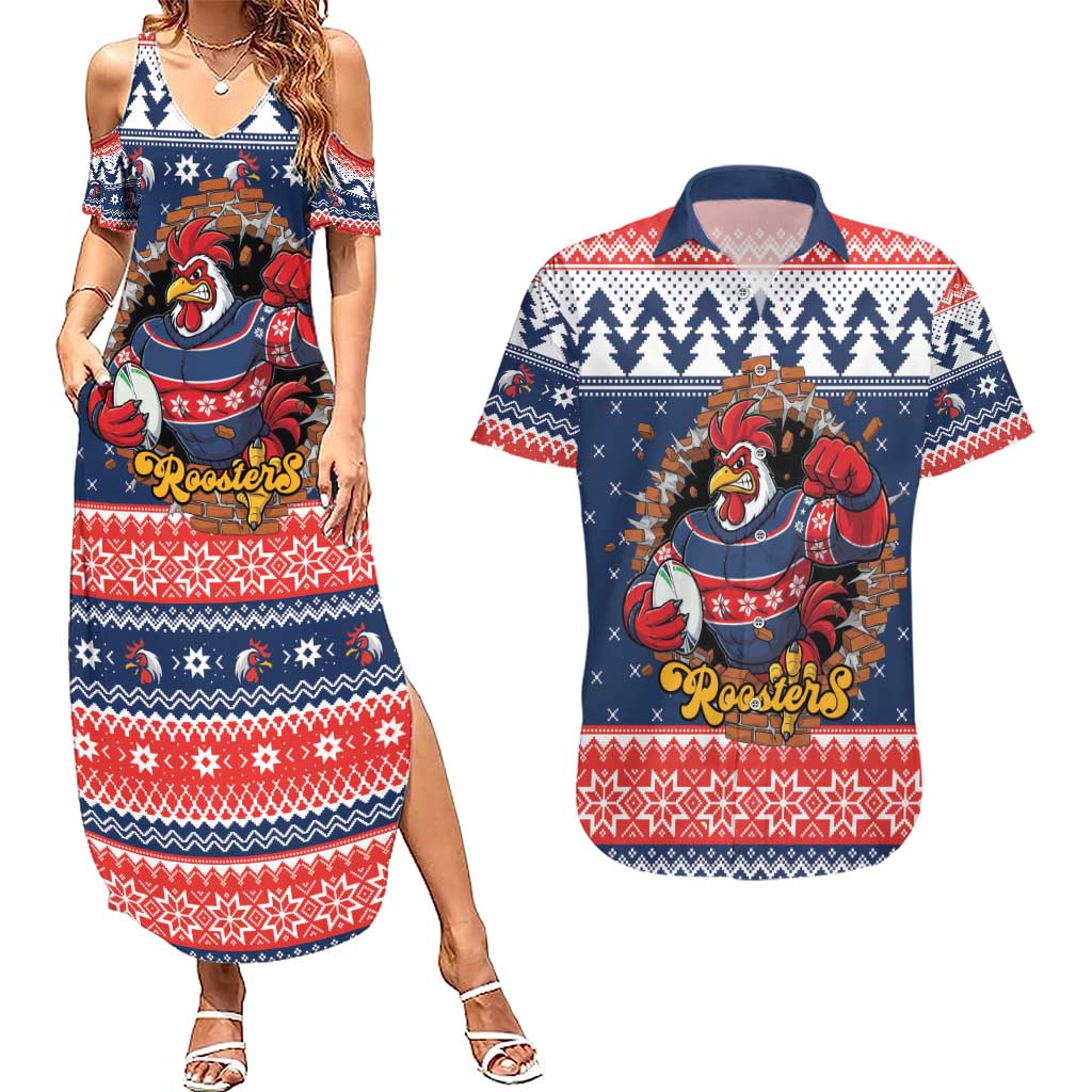 Roosters Xmas Glory Personalised Couples Matching Summer Maxi Dress and Hawaiian Shirt Christmas Rugby League Spirit - Aussie Hoodie