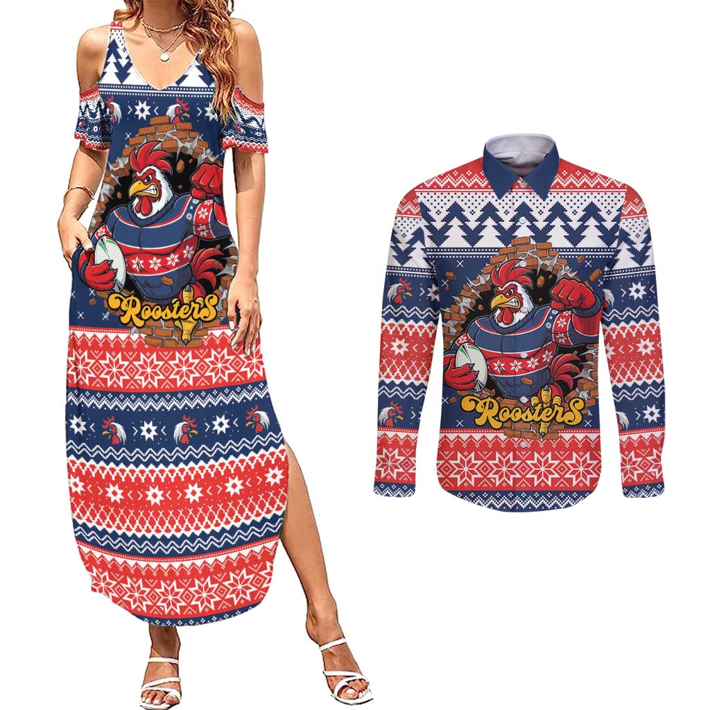 Roosters Xmas Glory Personalised Couples Matching Summer Maxi Dress and Long Sleeve Button Shirt Christmas Rugby League Spirit - Aussie Hoodie