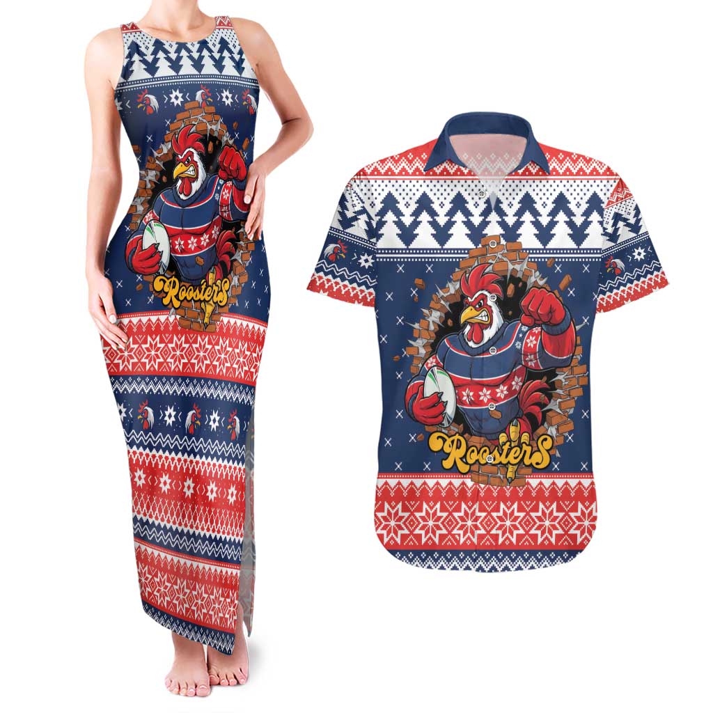 Roosters Xmas Glory Personalised Couples Matching Tank Maxi Dress and Hawaiian Shirt Christmas Rugby League Spirit - Aussie Hoodie