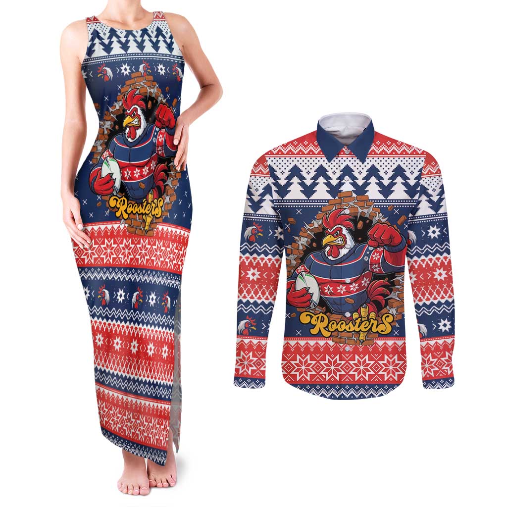 Roosters Xmas Glory Personalised Couples Matching Tank Maxi Dress and Long Sleeve Button Shirt Christmas Rugby League Spirit - Aussie Hoodie