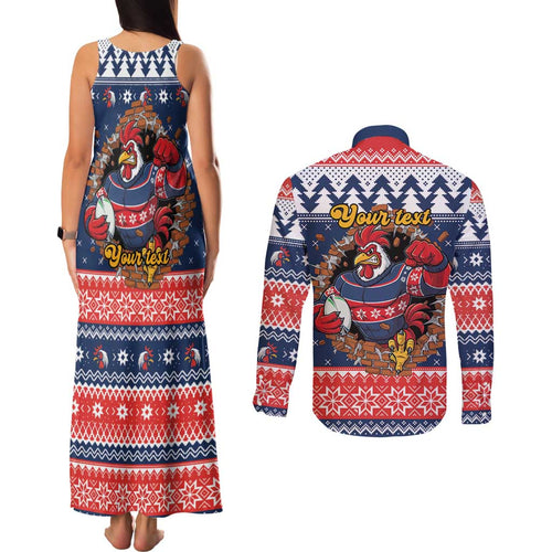 Roosters Xmas Glory Personalised Couples Matching Tank Maxi Dress and Long Sleeve Button Shirt Christmas Rugby League Spirit - Aussie Hoodie