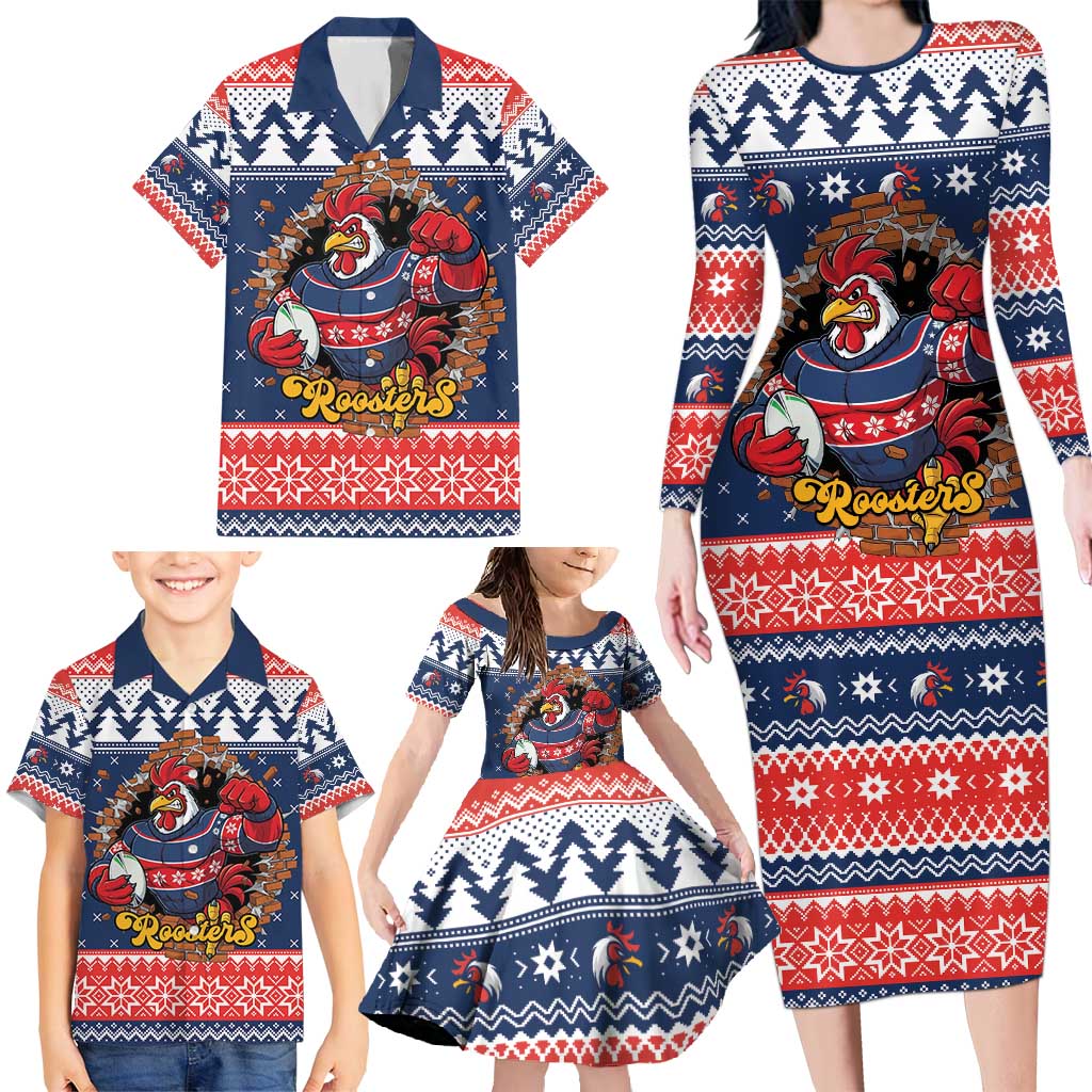 Roosters Xmas Glory Personalised Family Matching Long Sleeve Bodycon Dress and Hawaiian Shirt Christmas Rugby League Spirit - Aussie Hoodie