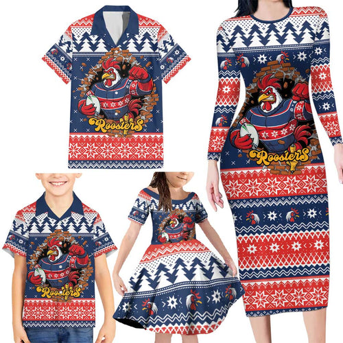 Roosters Xmas Glory Personalised Family Matching Long Sleeve Bodycon Dress and Hawaiian Shirt Christmas Rugby League Spirit - Aussie Hoodie