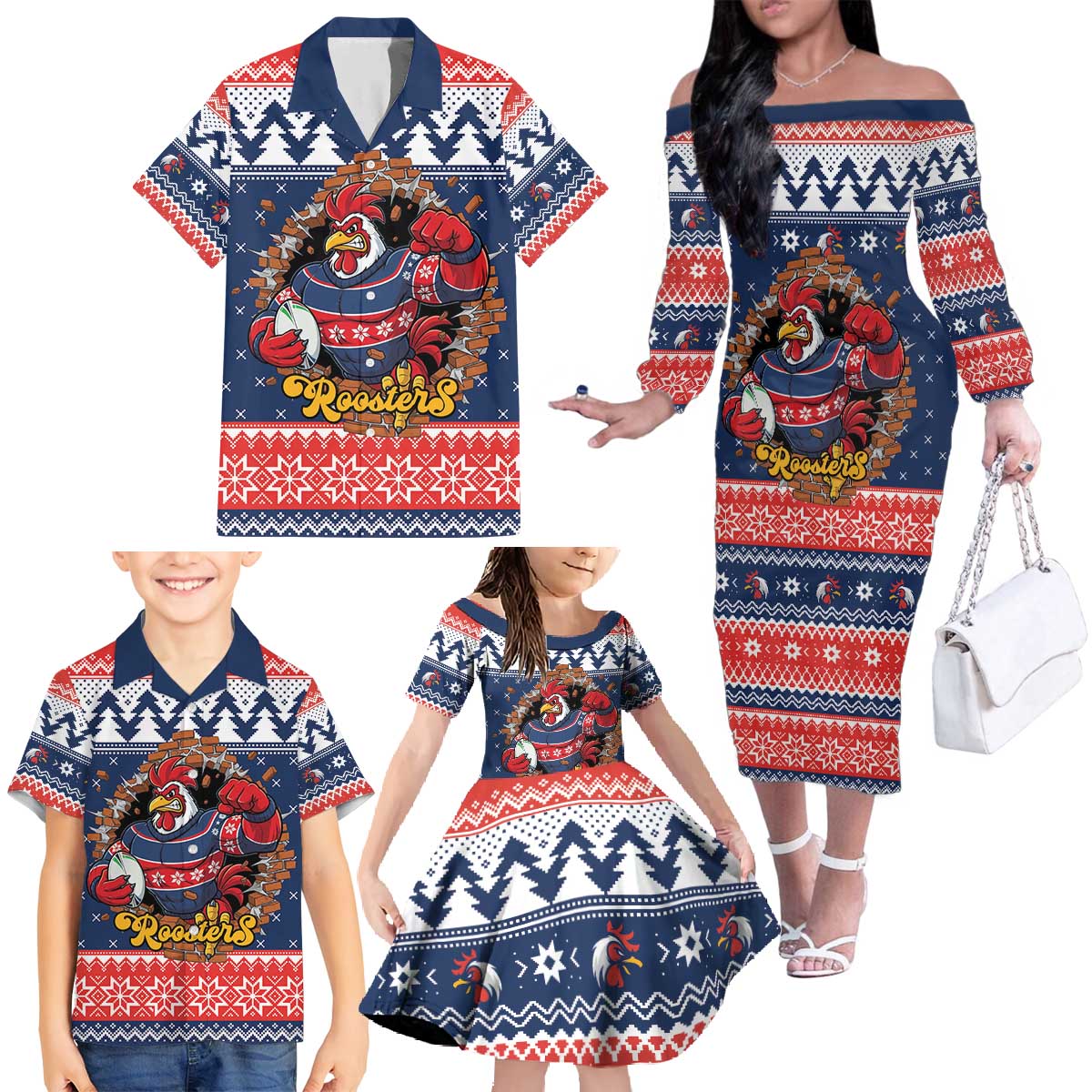 Roosters Xmas Glory Personalised Family Matching Off The Shoulder Long Sleeve Dress and Hawaiian Shirt Christmas Rugby League Spirit - Aussie Hoodie