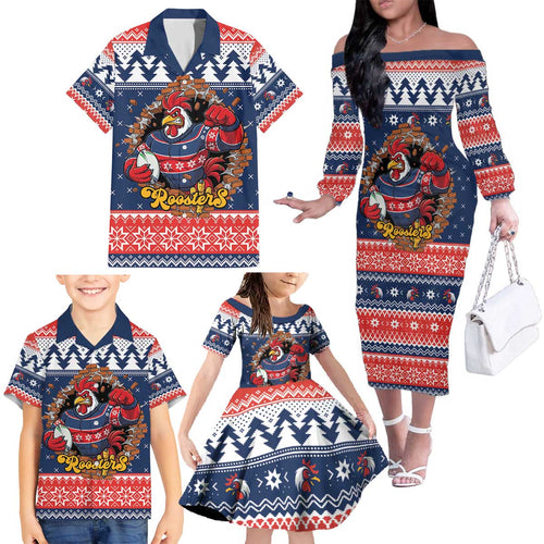 Roosters Xmas Glory Personalised Family Matching Off The Shoulder Long Sleeve Dress and Hawaiian Shirt Christmas Rugby League Spirit - Aussie Hoodie