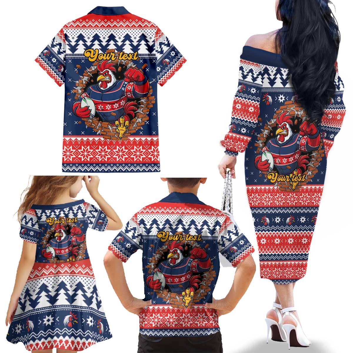 Roosters Xmas Glory Personalised Family Matching Off The Shoulder Long Sleeve Dress and Hawaiian Shirt Christmas Rugby League Spirit - Aussie Hoodie