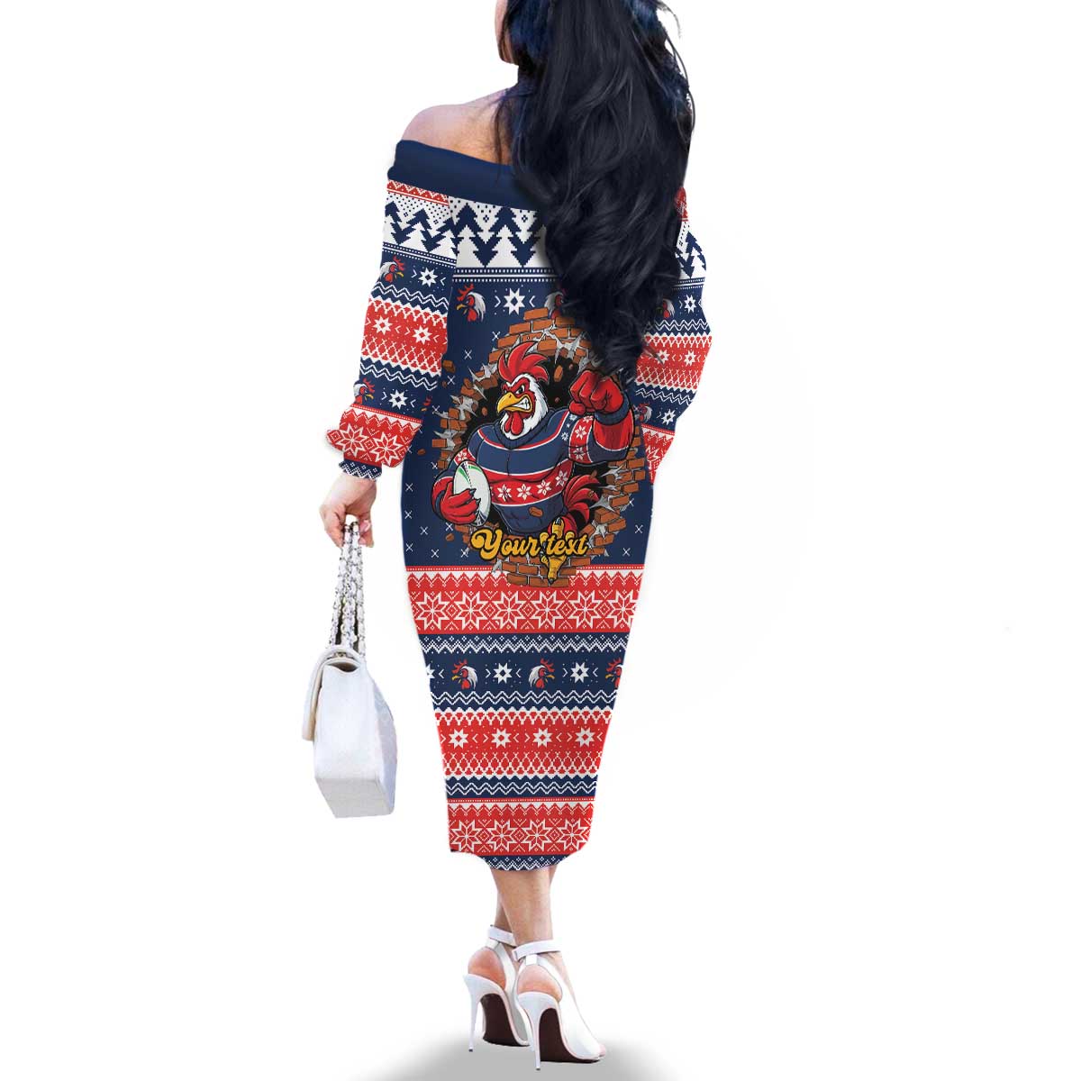 Roosters Xmas Glory Personalised Family Matching Off The Shoulder Long Sleeve Dress and Hawaiian Shirt Christmas Rugby League Spirit - Aussie Hoodie