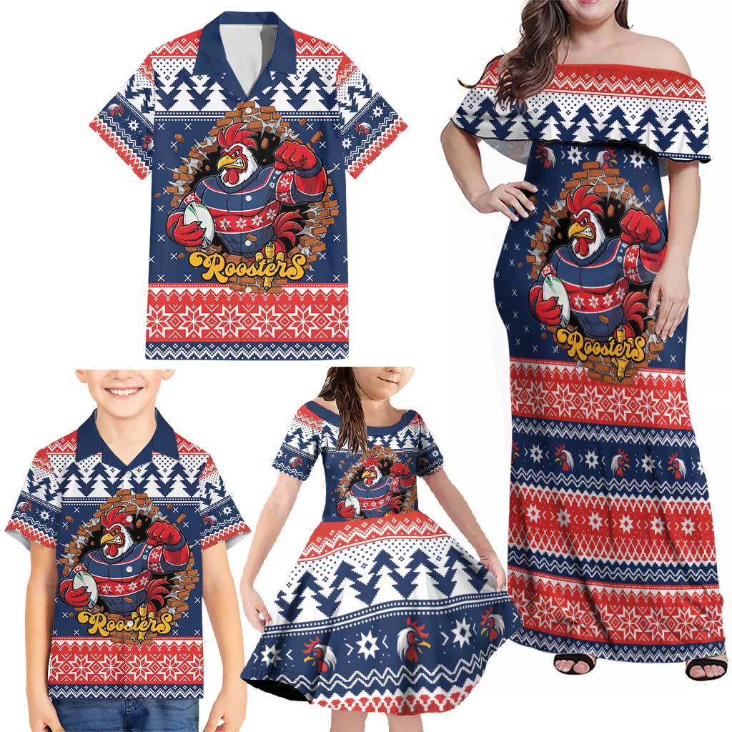 Roosters Xmas Glory Personalised Family Matching Off Shoulder Maxi Dress and Hawaiian Shirt Christmas Rugby League Spirit - Aussie Hoodie