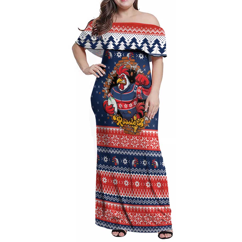 Roosters Xmas Glory Personalised Family Matching Off Shoulder Maxi Dress and Hawaiian Shirt Christmas Rugby League Spirit - Aussie Hoodie