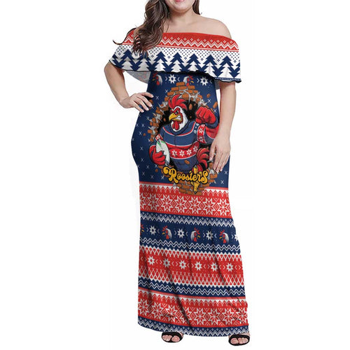 Roosters Xmas Glory Personalised Family Matching Off Shoulder Maxi Dress and Hawaiian Shirt Christmas Rugby League Spirit - Aussie Hoodie